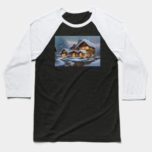 Magical Fantasy House with Lights in a Snowy Scene, Fantasy Cottagecore artwork Baseball T-Shirt